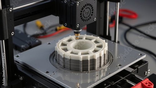 Close-up of 3D printer creating a cylindrical object with radial elements, showing layered additive manufacturing, prototype production, and precision engineering
