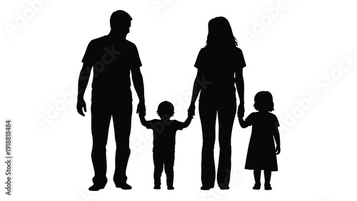 Silhouette of a family of four standing together and holding hands isolated on white background, Vector