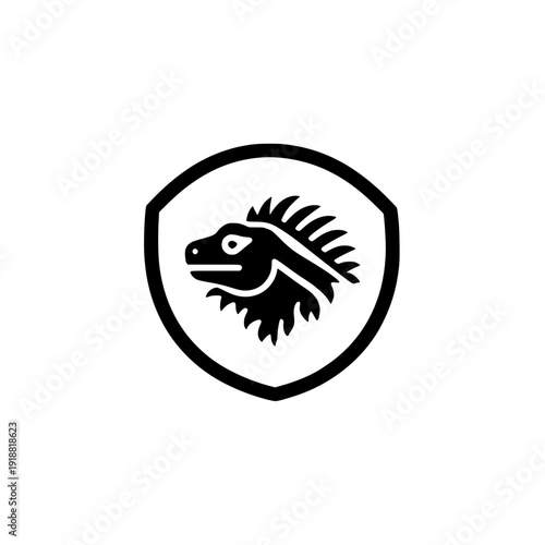 Emblematic shield carrying iguana figure as a mark of adaptability and guardianship