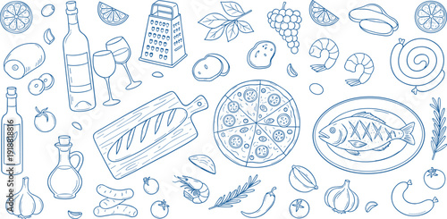 Hand-Drawn Culinary Illustration Featuring Mediterranean Foods, Wine, Pizza, Fish, Bread, Garlic, Olives, Cheese, and Kitchen Tools