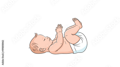 Healthy little baby lying on back wearing a white diaper while playing and exploring its surroundings in a peaceful way.