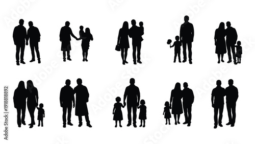 Diverse silhouettes of people in various group formations and poses isolated on white background, Vector