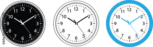 Wall Clock Vector Illustration Set with Modern Analog Clocks in Black, White and Blue Styles for Office, Home and Time Management Design