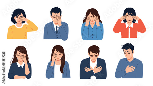 Set of diverse people expressing various levels of sadness, grief, and crying while covering their faces or eyes.