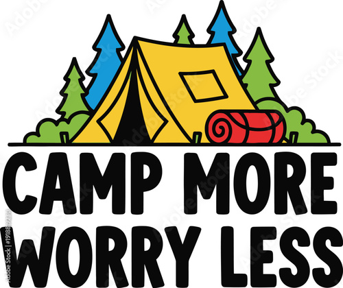 Camping Scene with Tent and Sleeping Bag under Trees, Outdoor Adventure Illustration