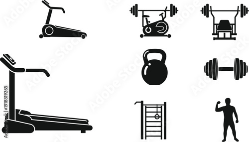 Gym and fitness equipment silhouette icon set, treadmill, bike, weights, pull-up bar, athlete flexing, workout artwork, flat vector illustration