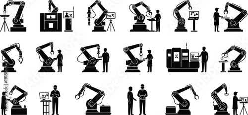 Human robot interaction silhouettes, industrial automation, robotic arms, manufacturing collaboration, welding, assembly, inspection, teamwork, factory technology, vector illustration