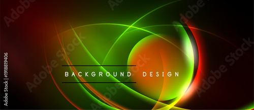Abstract neon lines create vibrant, flowing shapes. Dark background emphasizes glowing curves, gradients, modern design elements.