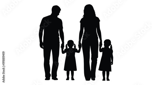 Silhouette of a family of four standing together in a line with arms around each other isolated on white background, Vector