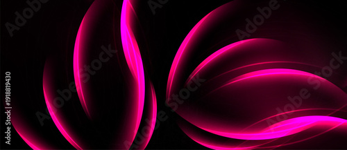 Abstract pink lines flow over black background. Smooth curves create dynamic visual impact. Modern design element.