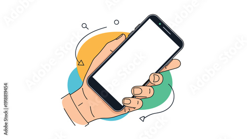 Close up illustration of a human hand holding a modern smartphone with a blank white screen for copy space and text.