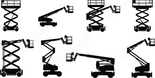 Aerial work platform silhouette illustration set, scissor lifts and boom lifts for construction and maintenance, industrial equipment artwork, flat vector illustration