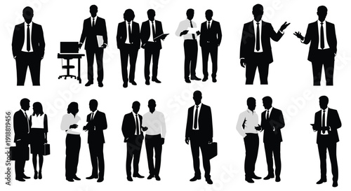 Business professional silhouette illustration set, diverse men and women in corporate attire with briefcases, laptops, and documents, flat vector artwork