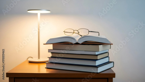Stack of books and glasses on wooden bedside table with lamp  
