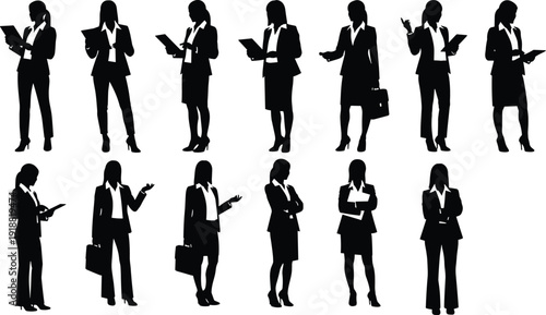 Business women silhouettes, professional attire, office poses, briefcase, tablet, documents, teamwork, leadership, gender representation, workplace diversity, vector illustration