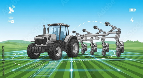 Tractor with precision agriculture technology in a green field with grid lines and icons representing smart farming and innovation in sustainable farming practices and rural