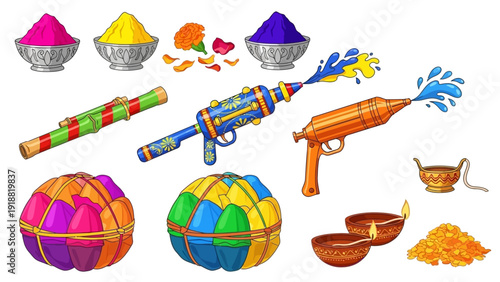 Vibrant Holi celebration elements arranged with colored powders, water guns, and decorative items on a clean surface