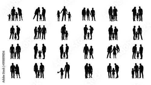 A collection of diverse silhouettes representing various group dynamics and interactions. isolated on white background, Vector