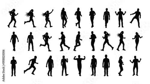 Diverse silhouettes of people engaged in various activities and poses isolated on white background, Vector