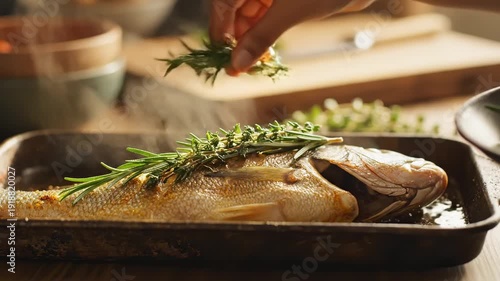 Close up of a hand seasoning a whole roasted fish with fresh rosemary and thyme in a rustic kitchen for a healthy gourmet cooking concept