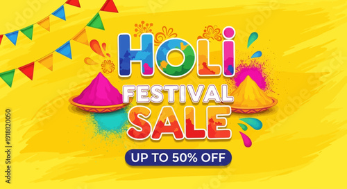 Vibrant Holi Festival Sale banner with colorful powder and flags celebrating cultural festivities and discounts