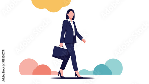 Confident businesswoman in a professional suit walking forward while holding a briefcase against an abstract background.