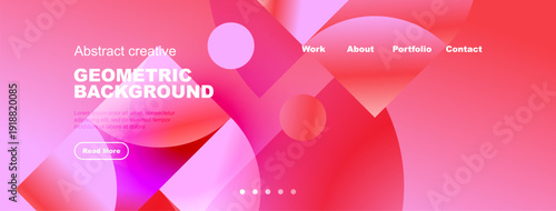 Abstract website header design. Pink, purple gradients create dynamic geometric shapes. Navigation menu present. Text invites further exploration.
