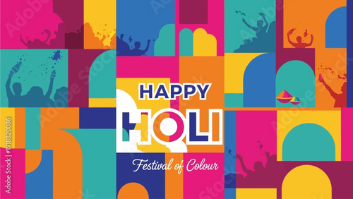 Vibrant Holi Celebration with Colorful Silhouettes and Festive Typography in a Dynamic Mosaic Artwork