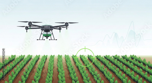 Drone flying over rows of green crops in a field with a targeting reticle