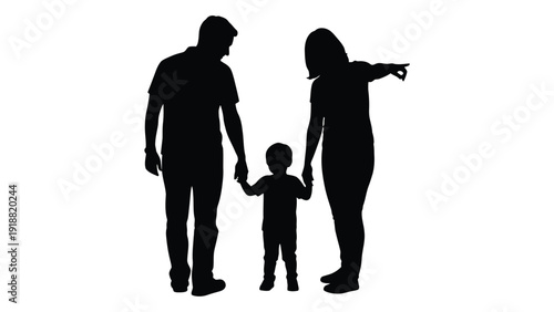 Silhouette of a family of three holding hands and pointing towards something isolated on white background, Vector