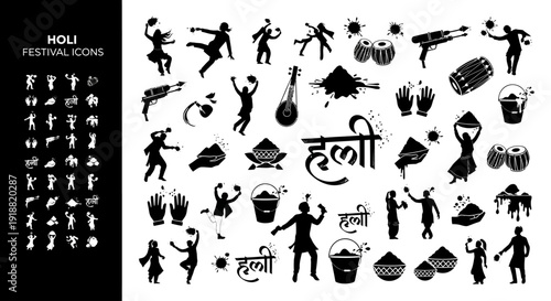 Vibrant Holi celebration icons showcasing joyful people, colors, and cultural festivities in a lively illustration.