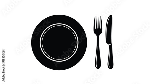 Black and white flatware set including plate fork and knife silhouette
