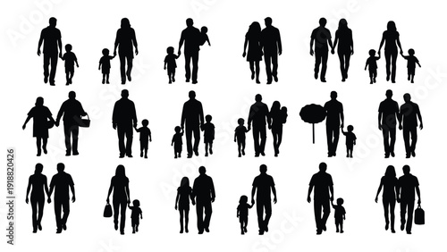 Silhouettes of diverse people walking in various directions and poses isolated on white background, Vector