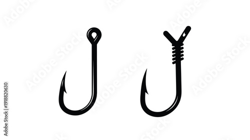 Two black fishhooks displayed against a white backdrop silhouette