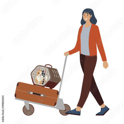 Woman Traveling with Pet cat in Carrier Vector Illustration