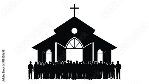 A diverse group of people standing in front of a large church building. isolated on white background, Vector