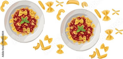 Italian pasta plate with tomato sauce bow tie noodles and basil garnish vector illustration isolated design set