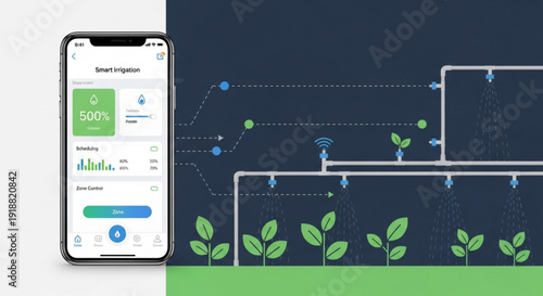 Smart irrigation system on smartphone with green plants and water flow diagram on dark blue background