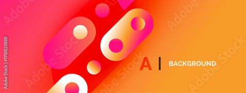 Vibrant gradient background features abstract shapes, circles, rectangles. Modern design with text indicating artificial intelligence.