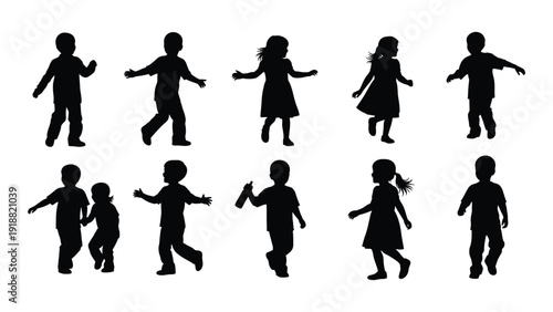 Silhouettes of children dancing and playing in various poses and outfits isolated on white background, Vector