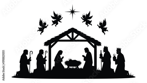 Silhouette of a nativity scene with a star and flying angels above the manger. isolated on white background, Vector