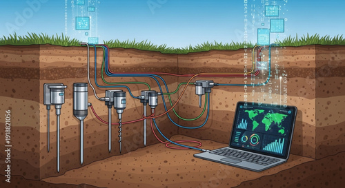 Soil moisture sensors connected to laptop monitoring global climate data on screen