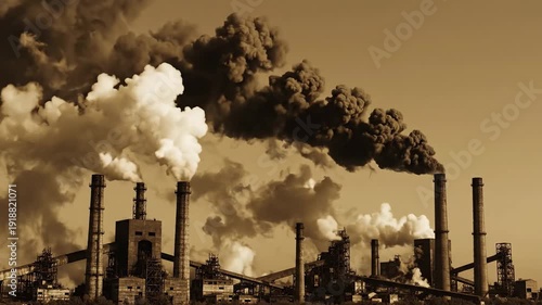 Industrial factory chimneys releasing thick smog into the ominous, pollution-choked sky creating a hazardous environment
