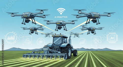 Tractor with drone swarm flying above in a field with green crops under a blue sky with mountains