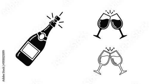 Wine bottle and glasses vector icon set flat design - Line and glyph icon set - Stickers and Clipart - PNG and SVG Icon collection - Lineal icons - Editable icon