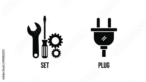 Tools gear and electrical plug in black silhouette