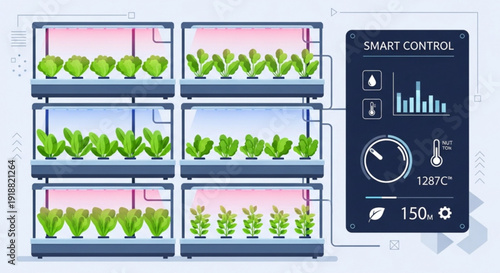 Smart hydroponic farm with automated control panel and leafy greens growing in pink lighted environment