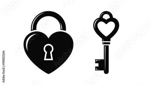 Heart shaped lock and key illustration in stark black silhouette