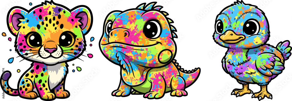 Fototapeta premium Cute Colorful Splash Animals Set: Leopard, Lizard, Duck