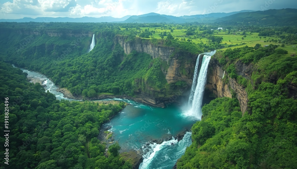 Fototapeta premium Majestic dual waterfalls cascade dramatically into a vibrant turquoise plunge pool surrounded by dense emerald jungle cliffs in a remote tropical landscape.